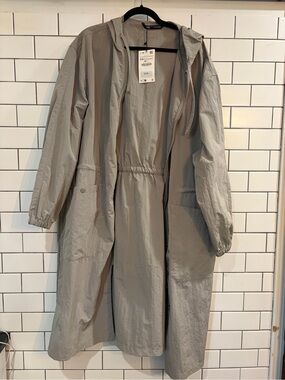 Zara Light Gray/Green Hooded Long Trench Coat NWT size S/M